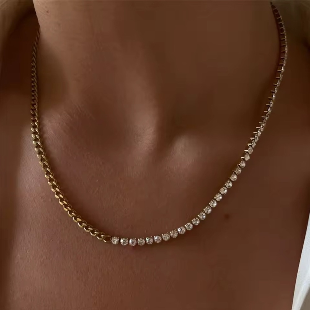 NEW 18K GOLD PLATED “AUREA” HALF TENNIS HALF CUBAN NECKLACE - Picture 3 of 4